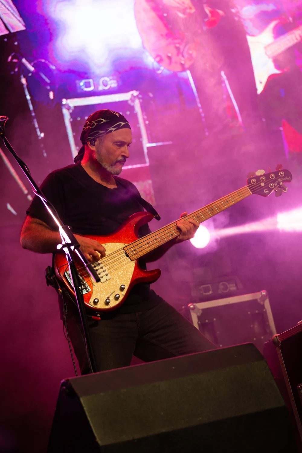 Chirro tocando el bajo en un escenario iluminado en tonos rosas y violetas